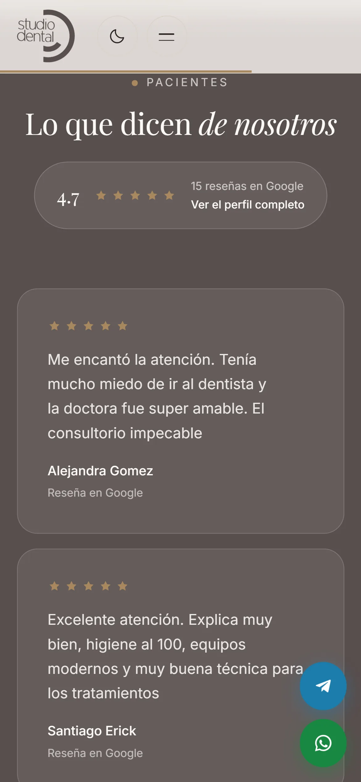 Reseñas de Google de Studio Dental en un teléfono